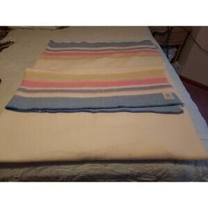 Vintage Horn Brothers ALL Wool Blanket 78 X 68 Excellent condition Pink Blue Yel
